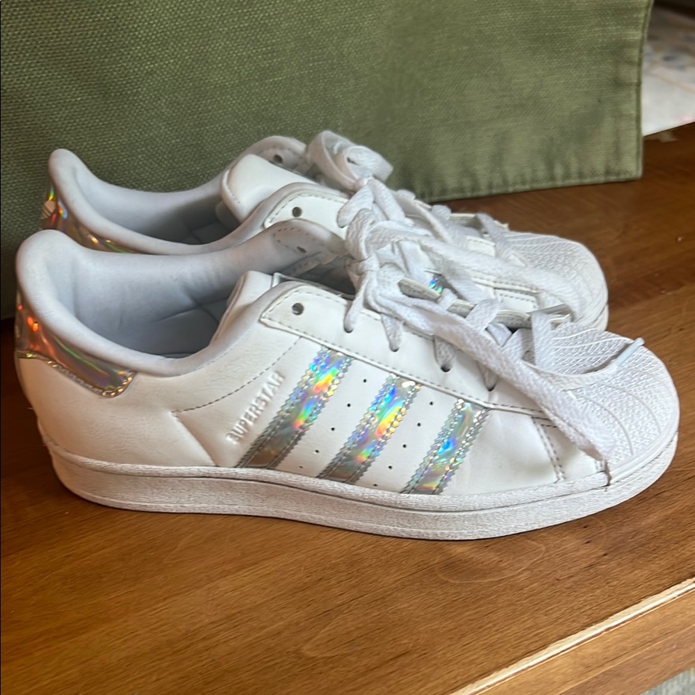 Adidas White and Silver Superstar Sneakers with Iridescent Stripes